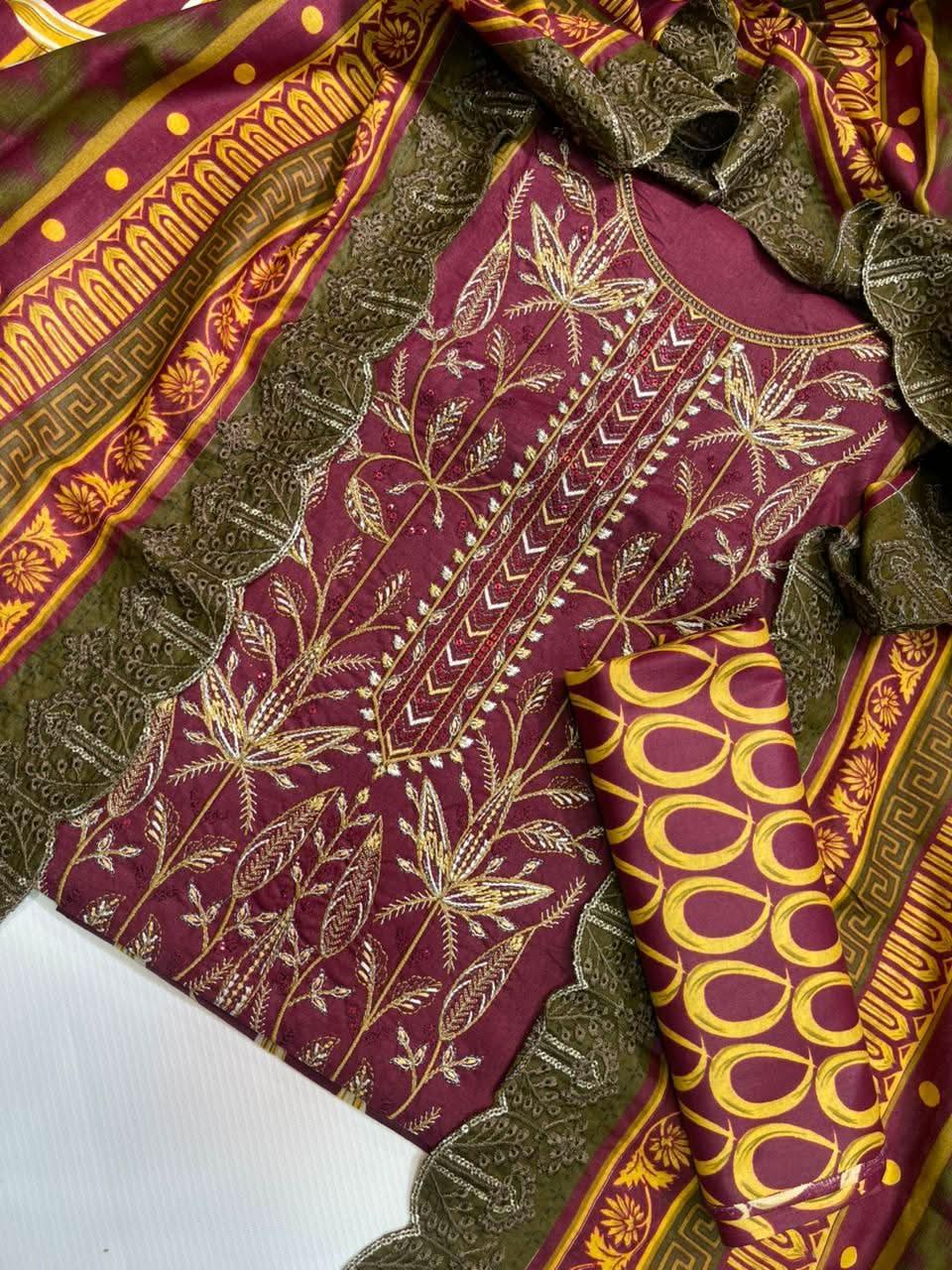 Bin Saeed Printed Embroidered Cotton 3Pc - Memon Clothes
